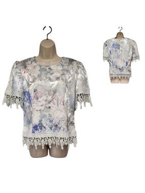 David Rose Vintage Floral Lace Multicolor Lilac Short Sleeve Blouse  Size 10